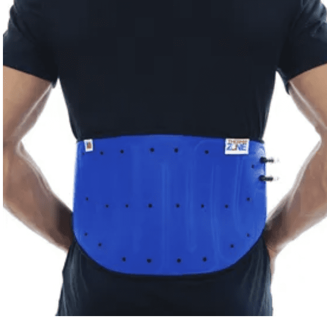 Blue back support brace on person