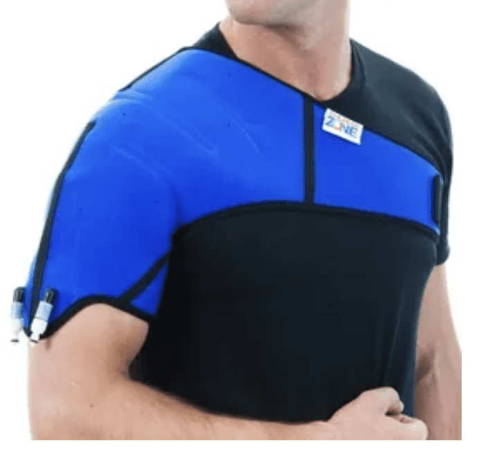 Man wearing blue shoulder support