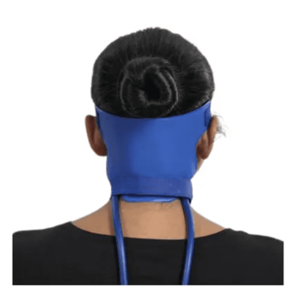 Back view of person with blue head covering